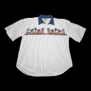 Vintage 90s Pasta Birdhouse Sunflower Casual Button‎ Up Shirt Women’s Large